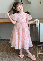 Lovely Pink Print Wrinkled Chiffon Girls Long Dress Short Sleeve