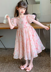 Lovely Pink Print Wrinkled Chiffon Girls Long Dress Short Sleeve