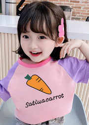 Lovely Pink Purple O-Neck Graphic Print Kids Tops Summer