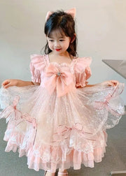 Lovely Pink Ruffled Bow Patchwork Tulle Baby Girls Princess Dress Summer