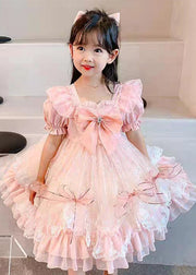 Lovely Pink Ruffled Bow Patchwork Tulle Baby Girls Princess Dress Summer