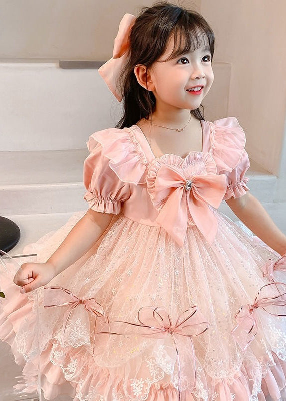 Lovely Pink Ruffled Bow Patchwork Tulle Baby Girls Princess Dress Summer