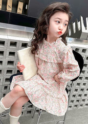 Lovely Pink Ruffled Print Cotton Girls Long Dress Fall