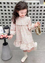 Lovely Pink Ruffled Print Cotton Girls Long Dress Fall