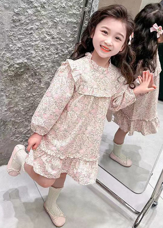 Lovely Pink Ruffled Print Cotton Girls Long Dress Fall