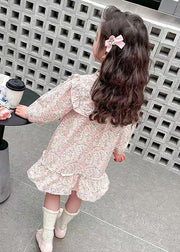 Lovely Pink Ruffled Print Cotton Girls Long Dress Fall