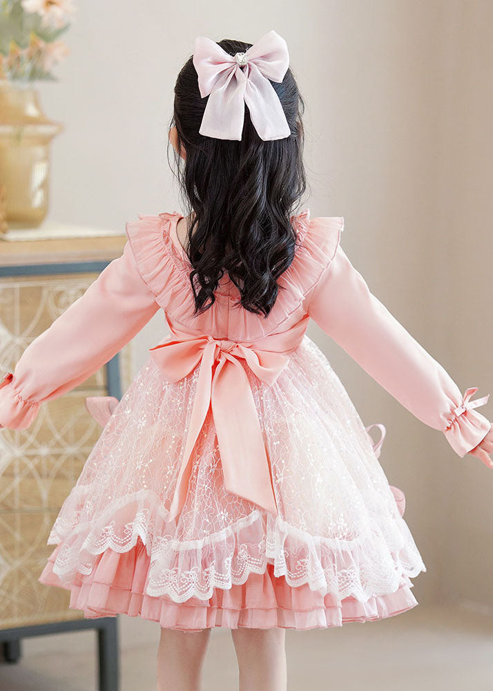 Lovely Pink Square Collar Bow Patchwork Tulle Kids Mid Dresses Long Sleeve