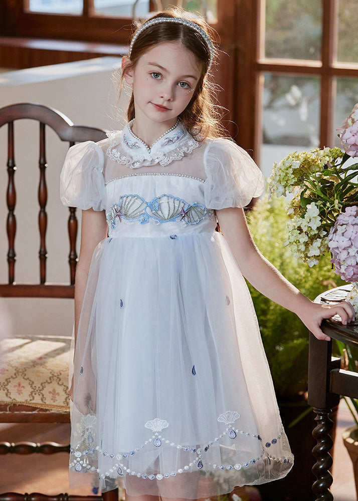 Lovely Pink Stand Collar Embroideried Lace Patchwork Tulle Baby Girls Mid Dress Short Sleeve