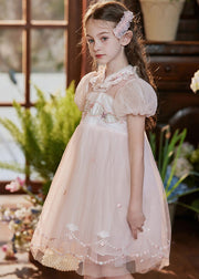 Lovely Pink Stand Collar Embroideried Lace Patchwork Tulle Baby Girls Mid Dress Short Sleeve