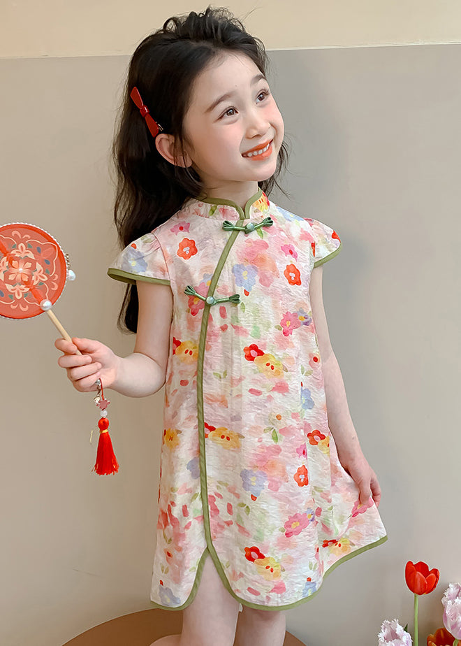 Lovely Pink Stand Collar Patchwork Kids Mid Dresses Short Sleeve