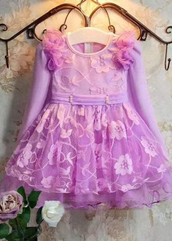 Lovely Purple Embroideried Patchwork Tulle Kids Long Dress Long Sleeve