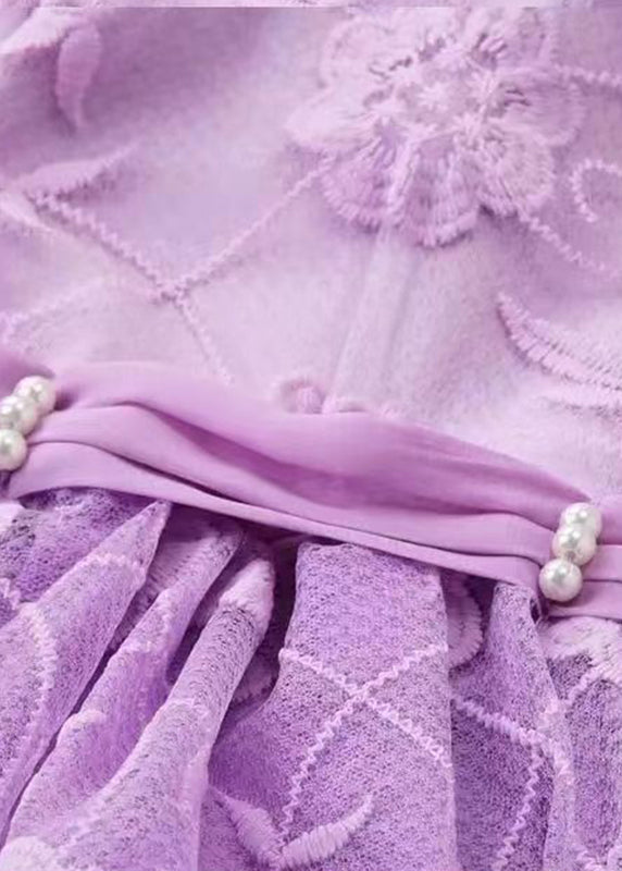 Lovely Purple Embroideried Patchwork Tulle Kids Long Dress Long Sleeve