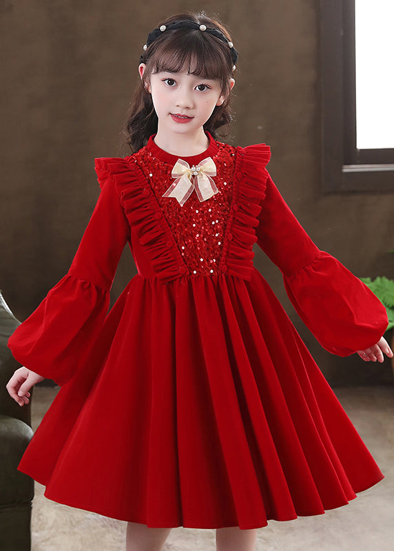 Lovely Red Ruffled Sequins Patchwork Warm Fleece Baby Girls Dress Winter