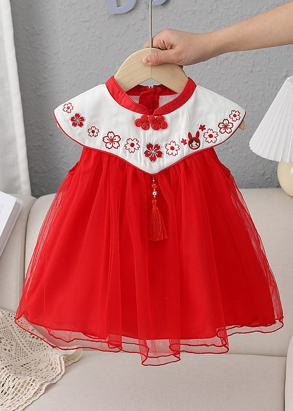 Lovely Red Stand Collar Embroideried Floral Tassel Patchwork Button Tulle Baby Long Dresses Summer