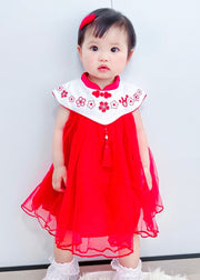 Lovely Red Stand Collar Embroideried Floral Tassel Patchwork Button Tulle Baby Long Dresses Summer