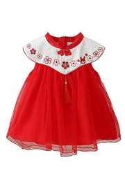 Lovely Red Stand Collar Embroideried Floral Tassel Patchwork Button Tulle Baby Long Dresses Summer