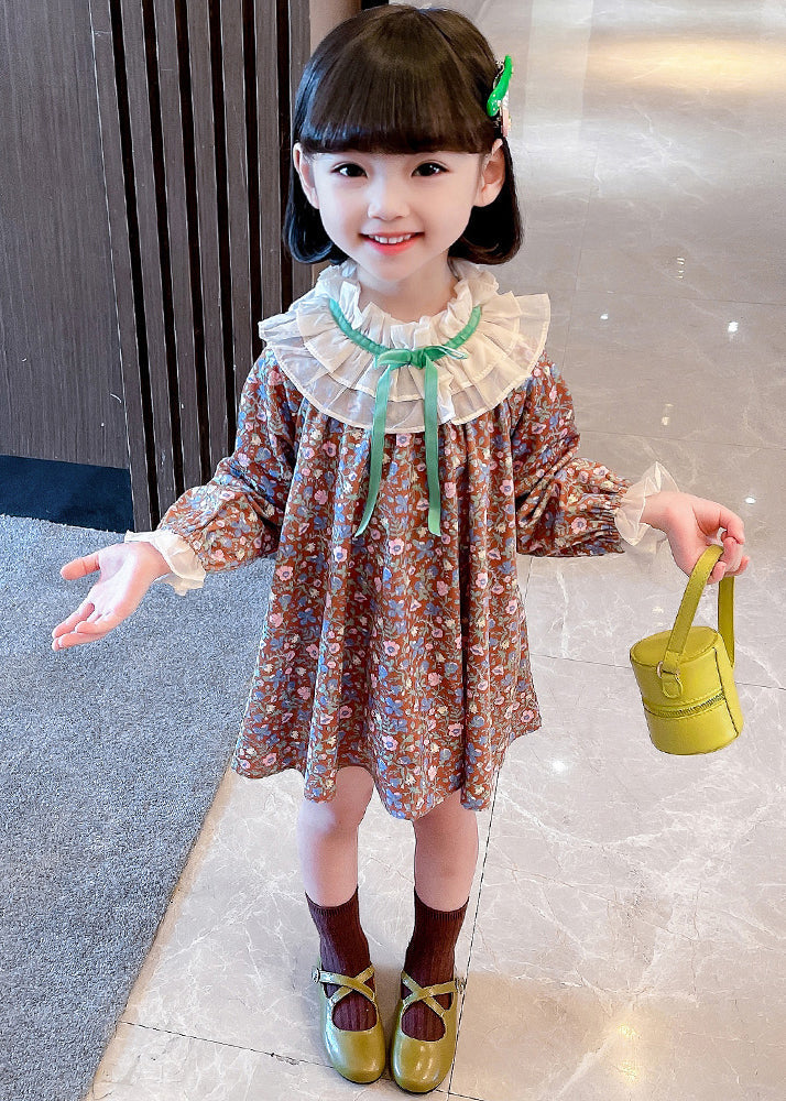 Lovely Ruffled Print Cotton Girls Mid Dress Long Sleeve