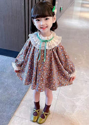 Lovely Ruffled Print Cotton Girls Mid Dress Long Sleeve