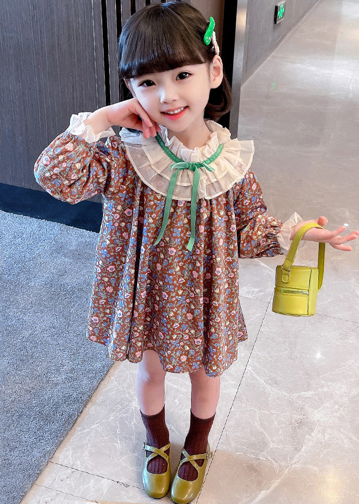 Lovely Ruffled Print Cotton Girls Mid Dress Long Sleeve