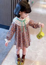 Lovely Ruffled Print Cotton Girls Mid Dress Long Sleeve