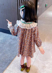 Lovely Ruffled Print Cotton Girls Mid Dress Long Sleeve