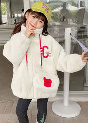 Lovely White Embroideried Pockets Warm Fleece Kids Girls Coats Winter