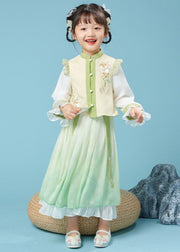 Lovely Yellow Green Stand Collar Embroideried Kids Top And Maxi Skirts Two Piece Set Fall