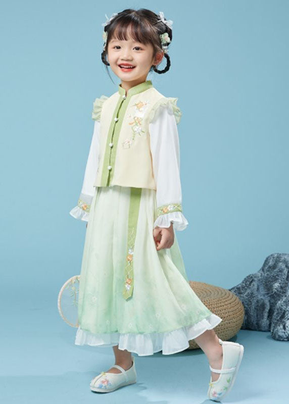 Lovely Yellow Green Stand Collar Embroideried Kids Top And Maxi Skirts Two Piece Set Fall