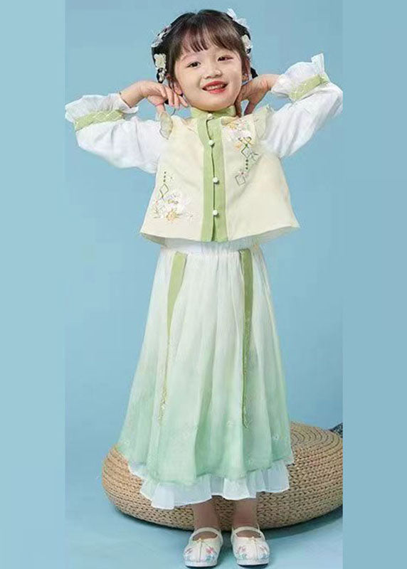 Lovely Yellow Green Stand Collar Embroideried Kids Top And Maxi Skirts Two Piece Set Fall