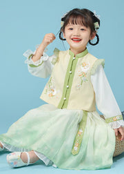 Lovely Yellow Green Stand Collar Embroideried Kids Top And Maxi Skirts Two Piece Set Fall