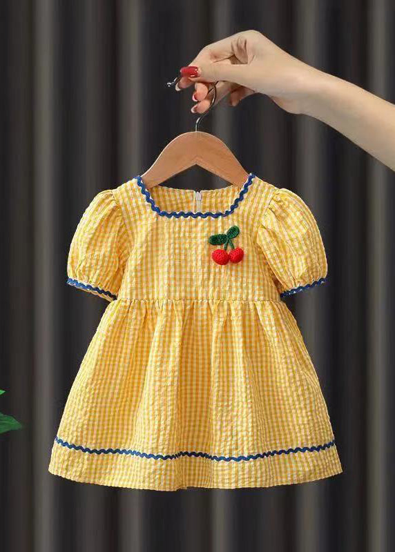 Lovely Yellow Plaid Floral Patchwork Cotton Baby Maxi Dress Short Sleeve