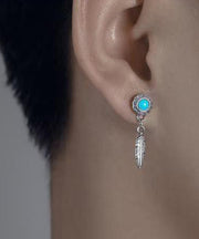 Men Blue Sterling Silver Turquoise Feather Stud Earrings