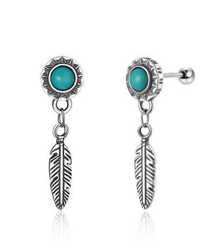 Men Blue Sterling Silver Turquoise Feather Stud Earrings