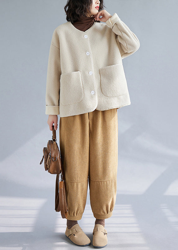 Modern Apricot O-Neck Thick Faux Fur Coat Outwear Winter