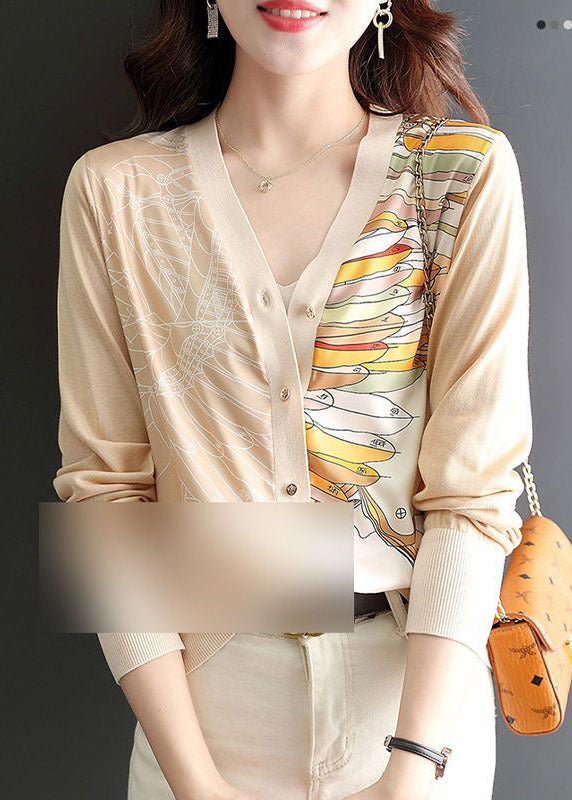 Modern Apricot V Neck Print Chiffon Knit Top Long Sleeve