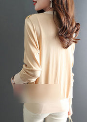 Modern Apricot V Neck Print Chiffon Knit Top Long Sleeve