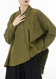 Modern Army Green Asymmetrical Design Cotton Blouses Spring