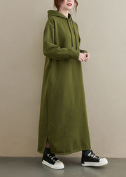 Modern Army Green Pockets Fleece Side Open Long Hooded Sweatshirts Dress Fall