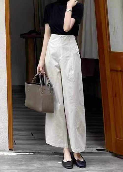 Modern Beige High Waist Patchwork Cotton Wide Leg Pants Fall