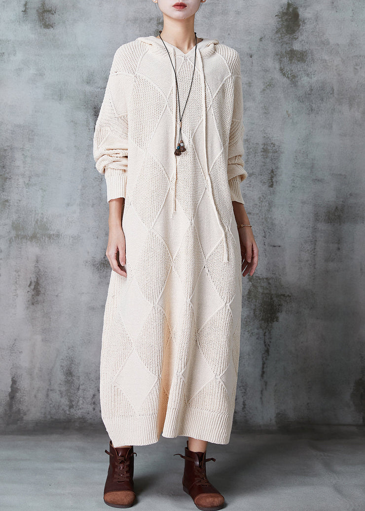 Modern Beige Hooded Oversized Knit Sweater Dress Spring