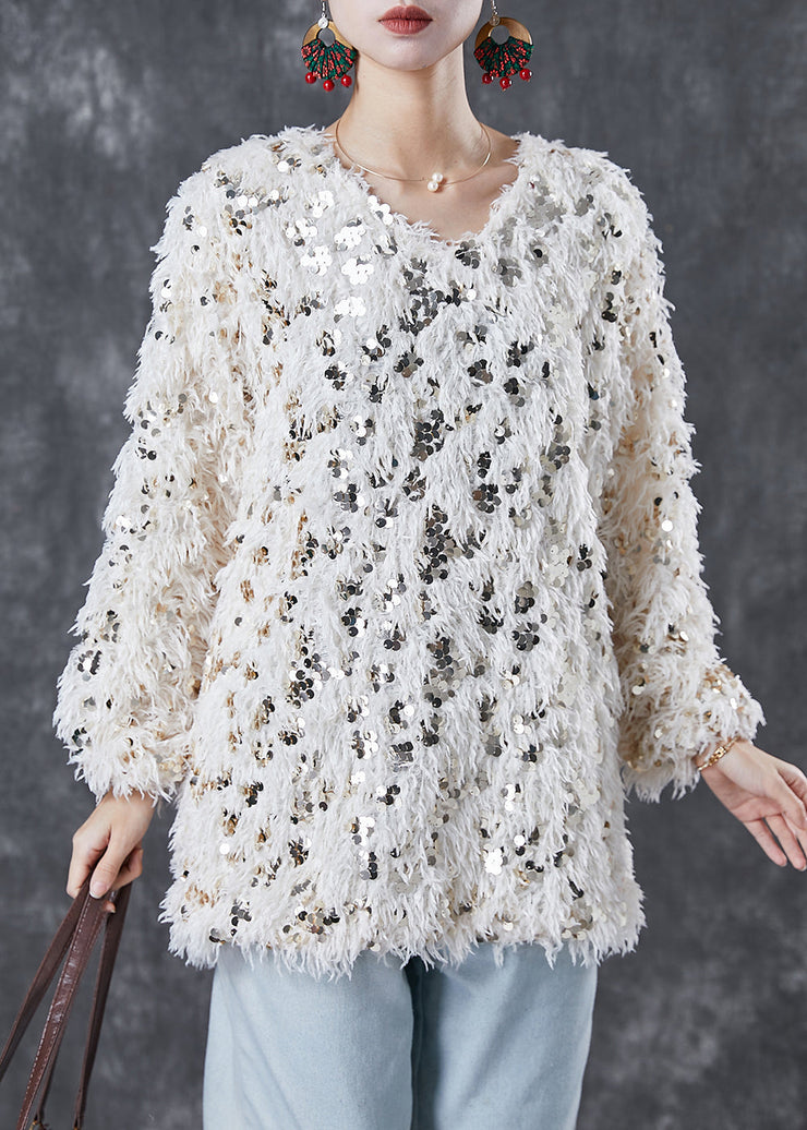 Modern Beige Sequins Thick Knit Pullover Winter