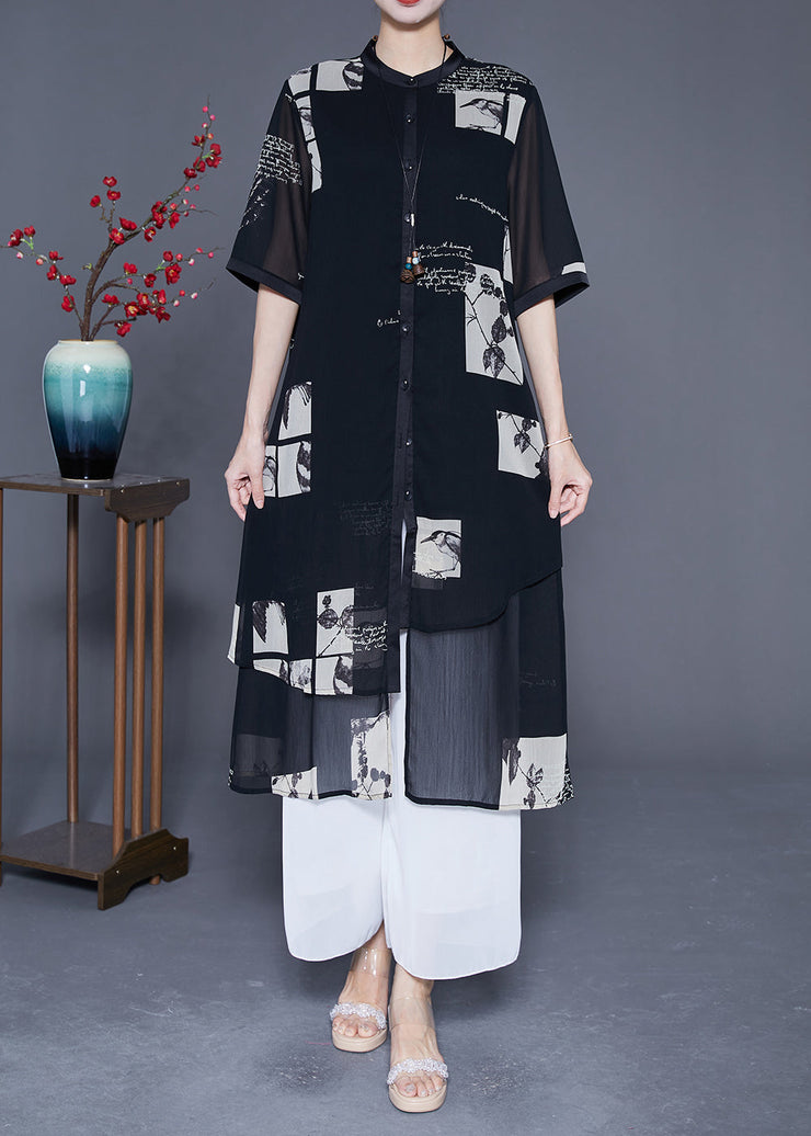 Modern Black Asymmetrical Patchwork Print Chiffon Shirt Dress Summer