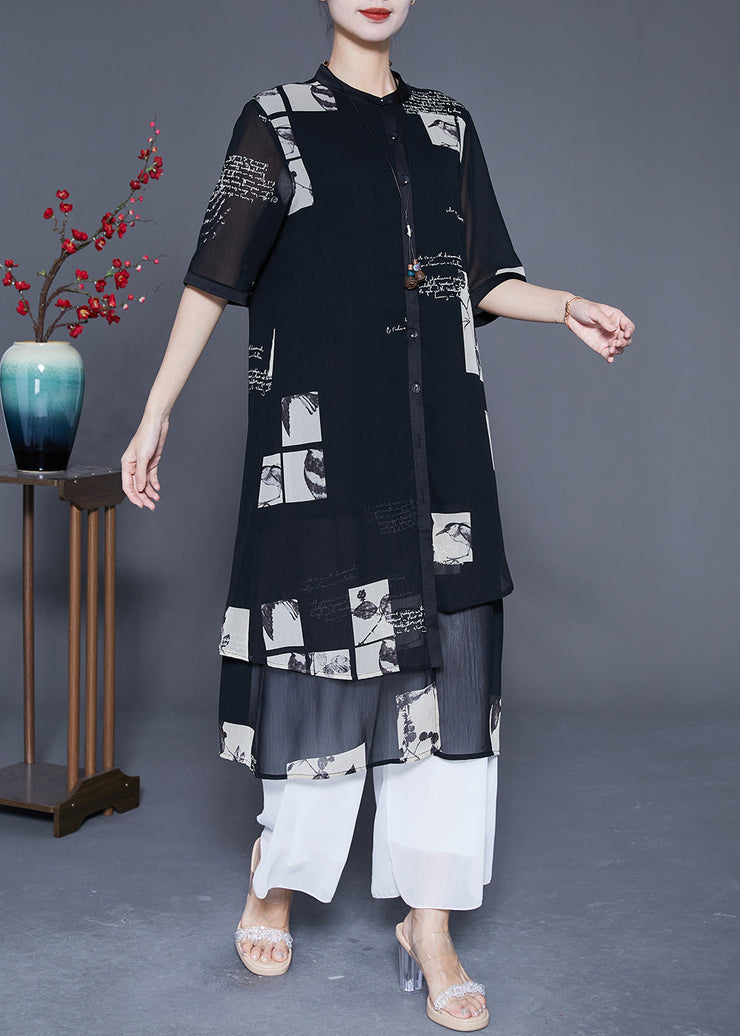 Modern Black Asymmetrical Patchwork Print Chiffon Shirt Dress Summer