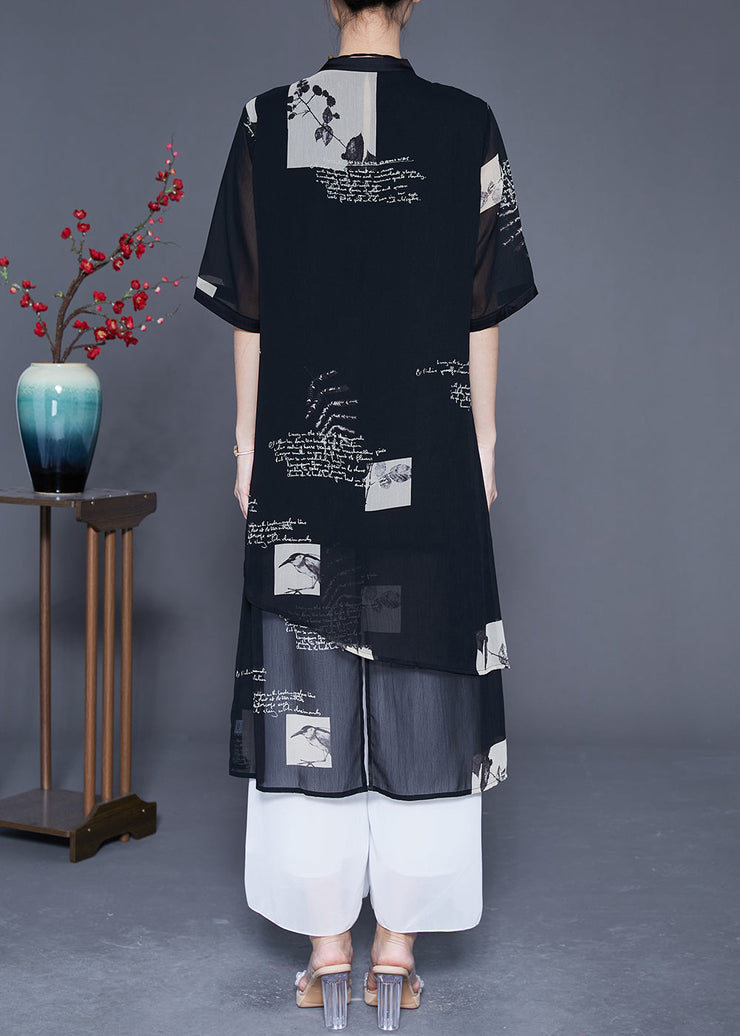 Modern Black Asymmetrical Patchwork Print Chiffon Shirt Dress Summer