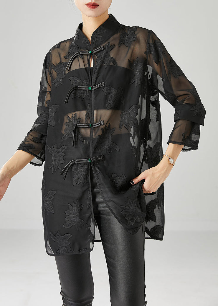 Modern Black Chinese Button Appliqued Chiffon Tops Fall