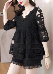 Modern Black Embroideried Patchwork Tulle A Line Tops Bracelet Sleeve