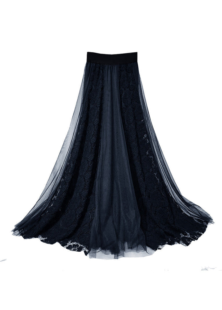 Modern Black High Waist Lace Patchwork Tulle A Line Skirt Spring