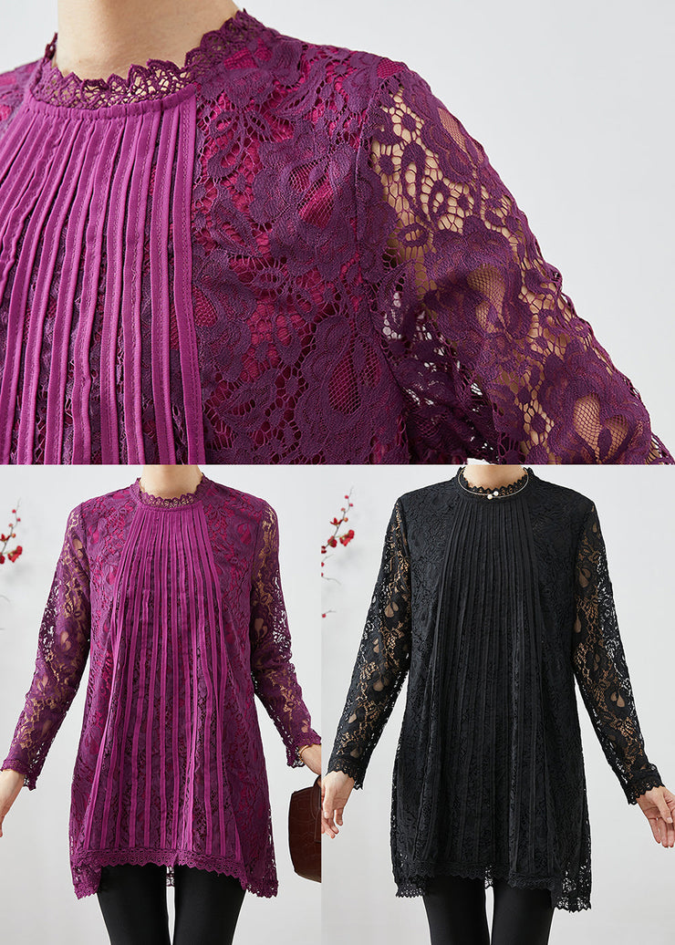 Modern Black Hollow Out Lace Shirt Tops Fall