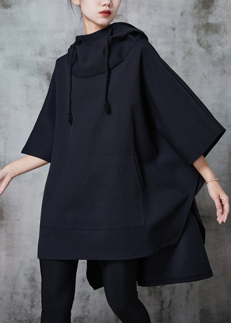 Modern Black Hooded Drawstring Cotton Loose Sweatshirts Dress Spring