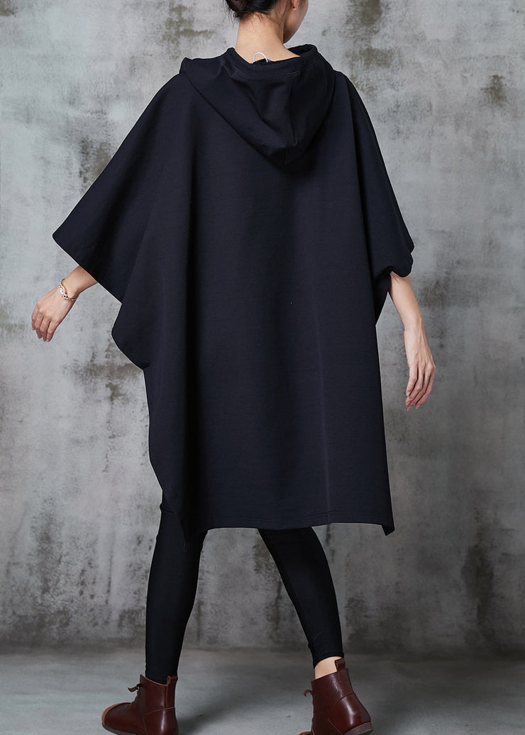 Modern Black Hooded Drawstring Cotton Loose Sweatshirts Dress Spring